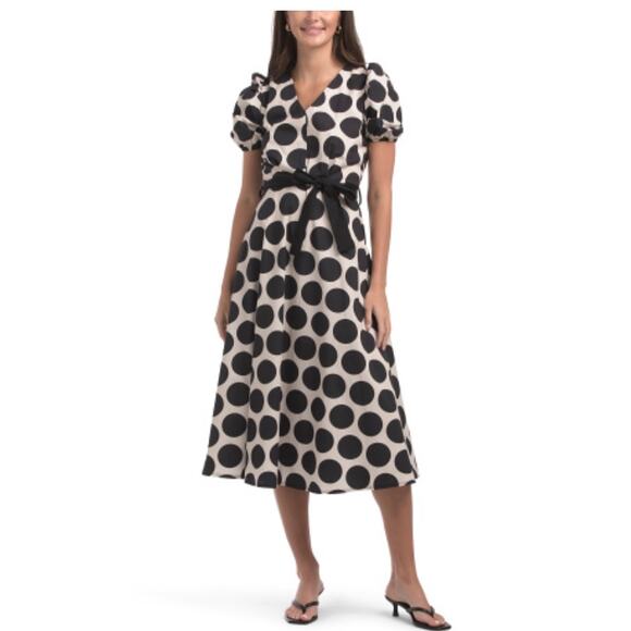 LUNA ALLEGRA V Neck Puff Sleeve Polka Dot Midi Dress Black White Sz S - Picture 1 of 13